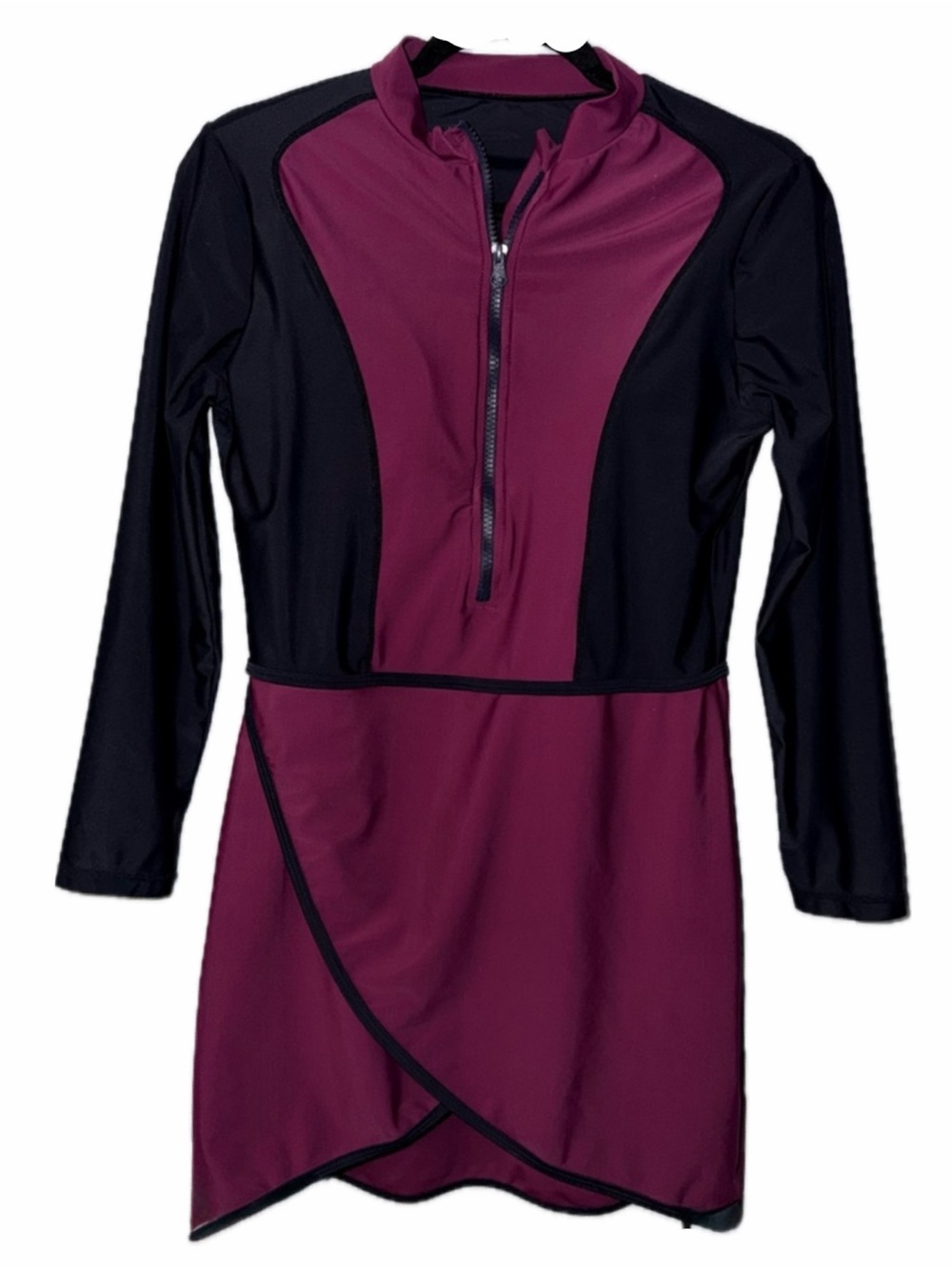 SHEIN Burgundy & Black Half-Zip Long Sleeve Swim Dress/cover up